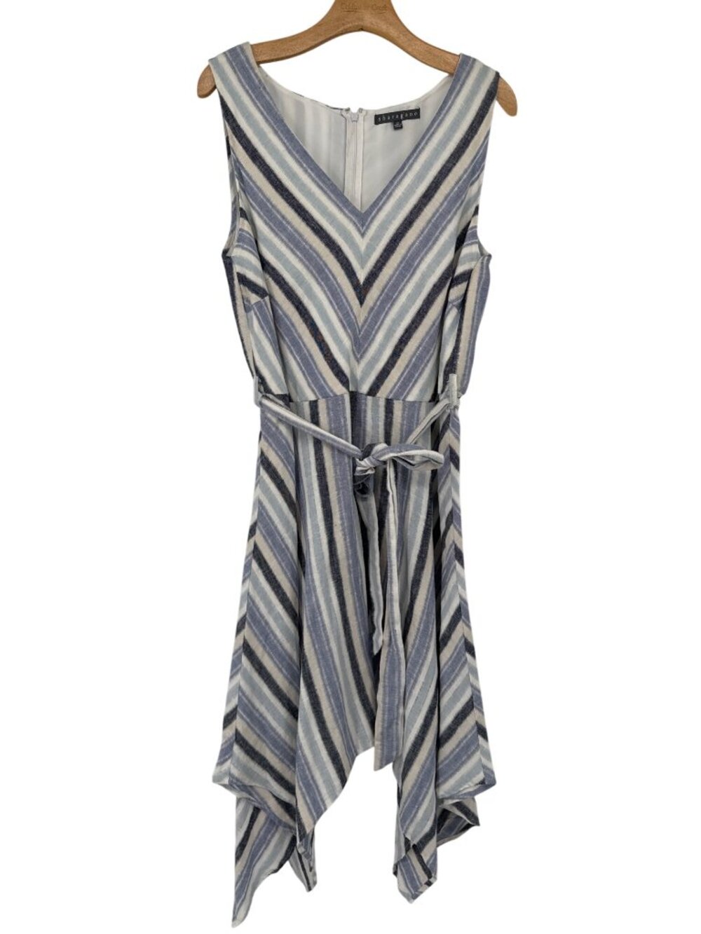 Sharagano Womens dress linen Striped Sleeveless Handkerchief Hem  Size 14
